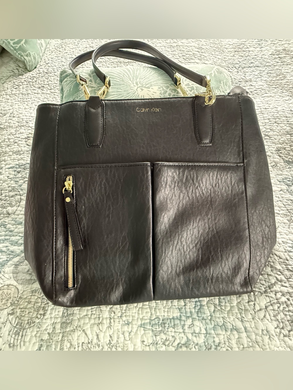 Calvin Klein Elaine black leather Satchel with Gold Hardware